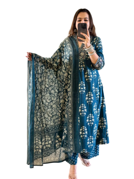 Bloom Boldly Cotton Embroidered Dress - Blue (M)