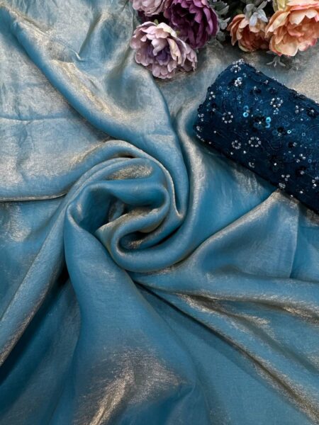 Teal Tissue Silk Saree with All-Over Sequin Embellished Blouse Piece