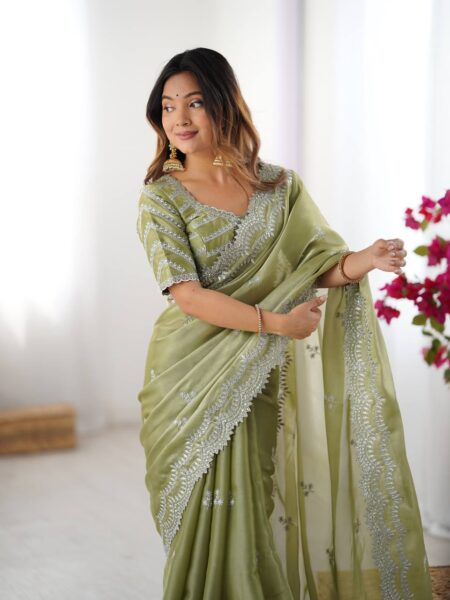 Georgette Saree - Intricate Silver Thread & Sequin Embroidery with Embellished Blouse