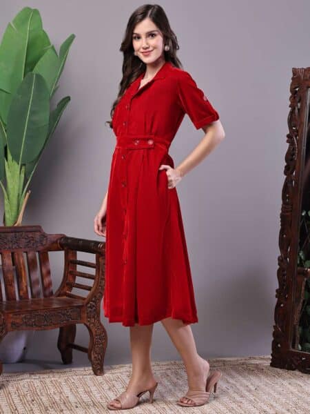 Women's Red Velvet Solid Printed Shirt Midi Dress with Belt
