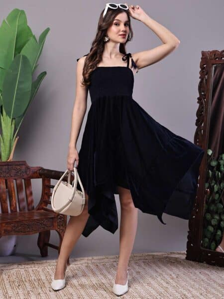 Women's Junglee Black Velvet Party Midi Dress with Asymmetrical Hemline Midi Dresses