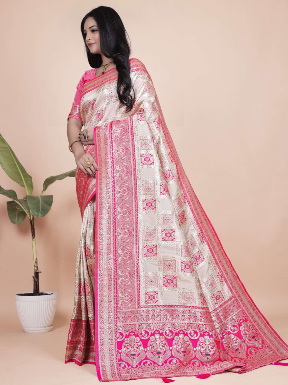 cream & pink banarasi silk saree